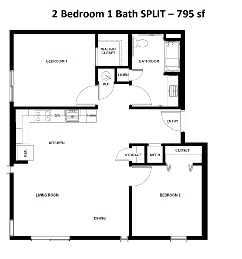 Floor plan for 2 beds, 1 bath, 795 sqft